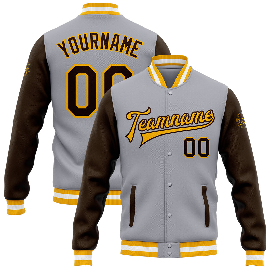 Custom Gray Brown-Gold Bomber Full-Snap Varsity Letterman Two Tone Jacket