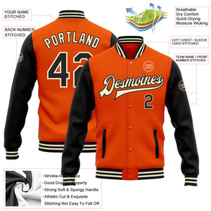 Custom Orange Black-Cream Bomber Full-Snap Varsity Letterman Two Tone Jacket