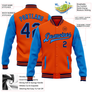 Custom Orange Navy-Electric Blue Bomber Full-Snap Varsity Letterman Two Tone Jacket