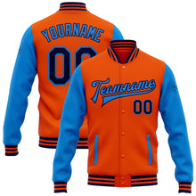 Load image into Gallery viewer, Custom Orange Navy-Powder Blue Bomber Full-Snap Varsity Letterman Two Tone Jacket
