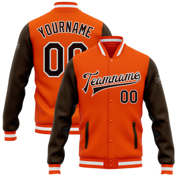 Custom Orange Brown-White Bomber Full-Snap Varsity Letterman Two Tone Jacket