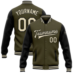 Custom Olive Cream-Black Bomber Full-Snap Varsity Letterman Two Tone Salute To Service Jacket