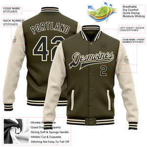 Custom Olive Black-Cream Bomber Full-Snap Varsity Letterman Two Tone Salute To Service Jacket