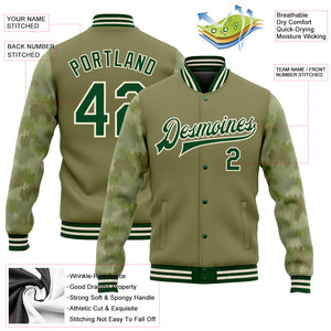 Custom Olive Green-Cream Camo Sleeves 3D Pattern Design Bomber Full-Snap Varsity Letterman Salute To Service Jacket