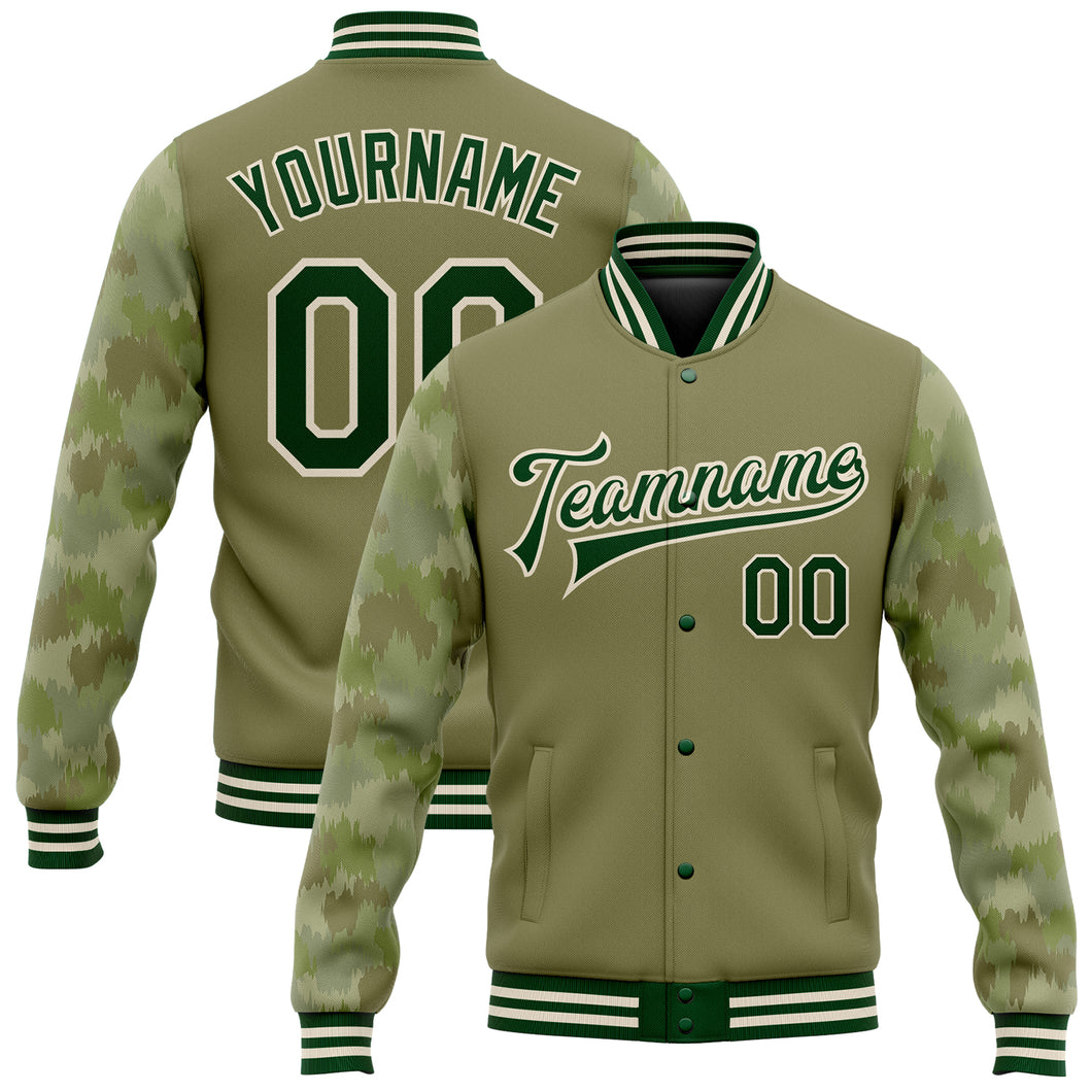 Custom Olive Green-Cream Camo Sleeves 3D Pattern Design Bomber Full-Snap Varsity Letterman Salute To Service Jacket