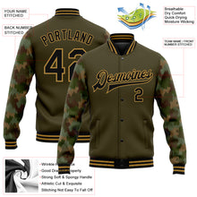 Load image into Gallery viewer, Custom Olive Black-Old Gold Camo Sleeves 3D Pattern Design Bomber Full-Snap Varsity Letterman Salute To Service Jacket
