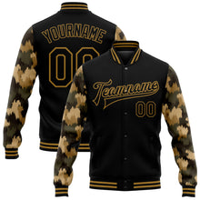 Load image into Gallery viewer, Custom Black Old Gold Camo Sleeves 3D Pattern Design Bomber Full-Snap Varsity Letterman Jacket
