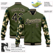 Load image into Gallery viewer, Custom Olive Black-Cream Camo Sleeves 3D Pattern Design Bomber Full-Snap Varsity Letterman Salute To Service Jacket
