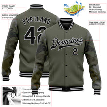 Load image into Gallery viewer, Custom Olive Black-Gray Animal Camo Sleeves 3D Pattern Design Bomber Full-Snap Varsity Letterman Salute To Service Jacket
