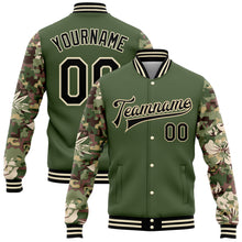 Load image into Gallery viewer, Custom Olive Black-Cream Hawaii Palm Leaves Camo Sleeves 3D Bomber Full-Snap Varsity Letterman Salute To Service Jacket
