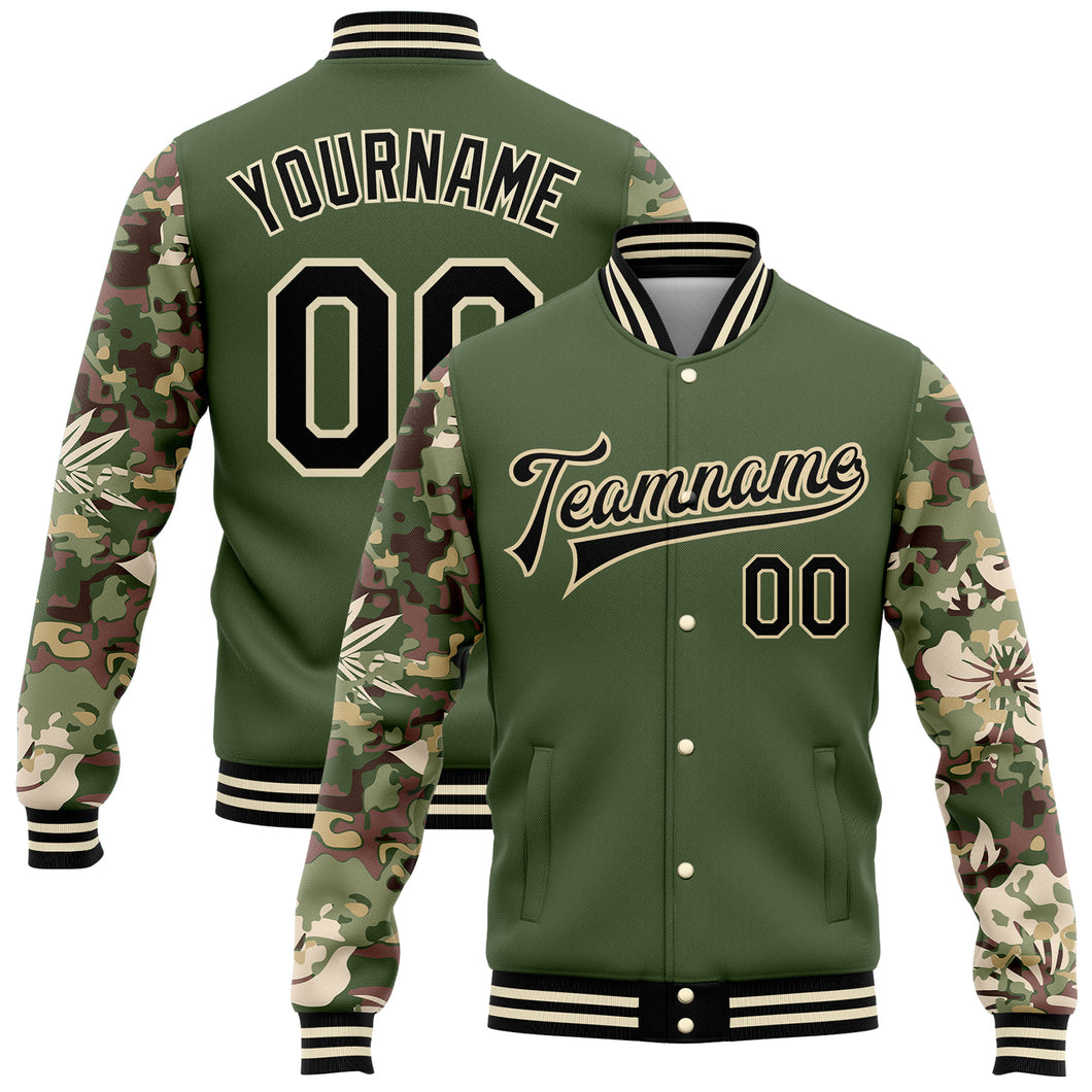 Custom Olive Black-Cream Hawaii Palm Leaves Camo Sleeves 3D Pattern Design Bomber Full-Snap Varsity Letterman Salute To Service Jacket