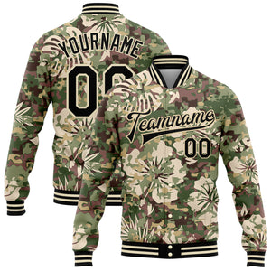 Custom Camo Black-Cream Hawaii Palm Leaves 3D Pattern Design Bomber Full-Snap Varsity Letterman Salute To Service Jacket