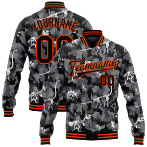 Custom Camo Black-Orange Dinosaur 3D Pattern Design Bomber Full-Snap Varsity Letterman Salute To Service Jacket