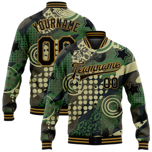 Custom Camo Black-Old Gold Dots And Geometric Figures 3D Pattern Design Bomber Full-Snap Varsity Letterman Salute To Service Jacket