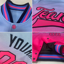 Load image into Gallery viewer, Custom Pink Light Blue-Black Bomber Full-Snap Varsity Letterman Fade Fashion Jacket
