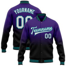 Load image into Gallery viewer, Custom Purple White Black-Teal Bomber Full-Snap Varsity Letterman Fade Fashion Jacket
