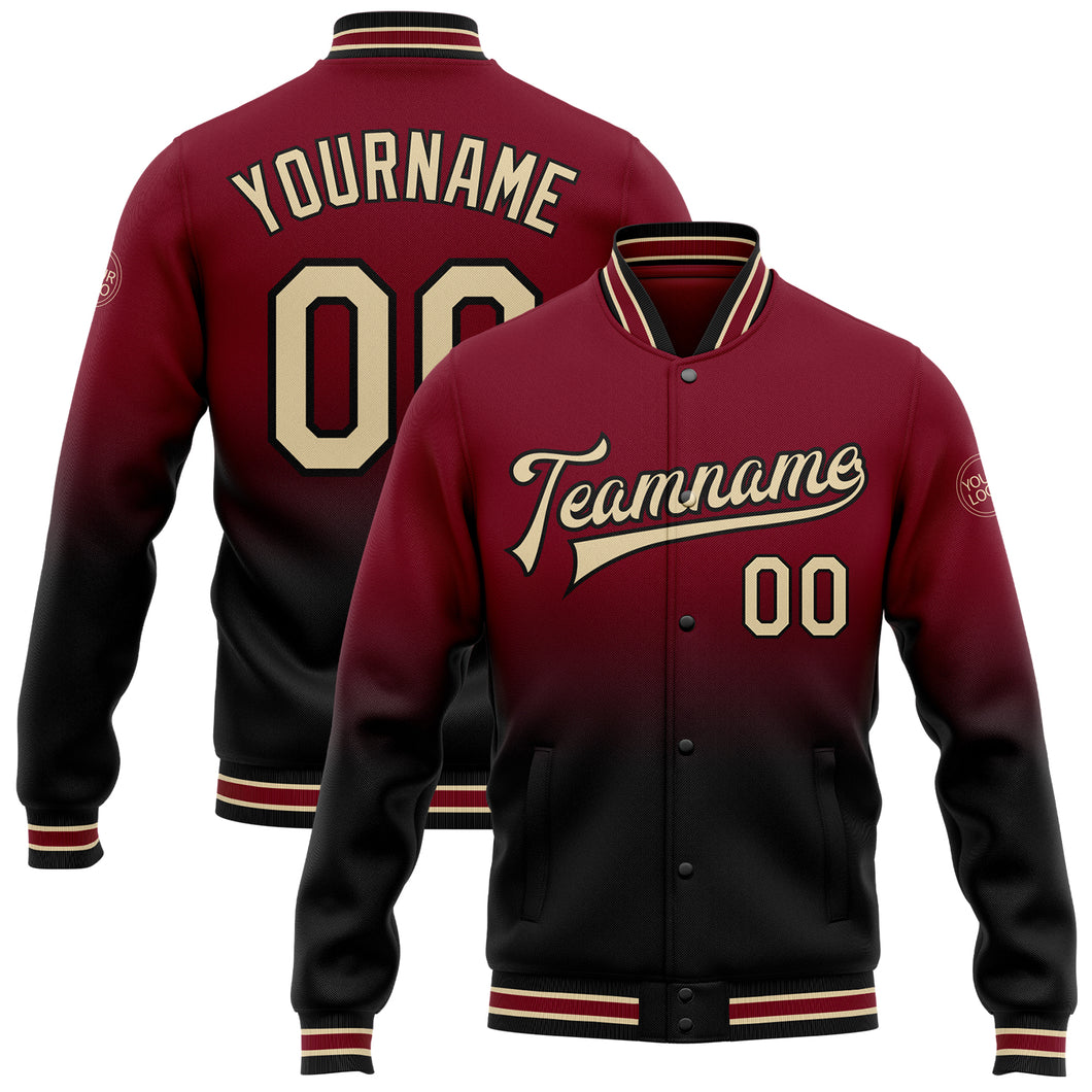 Custom Crimson City Cream-Black Bomber Full-Snap Varsity Letterman Fade Fashion Jacket