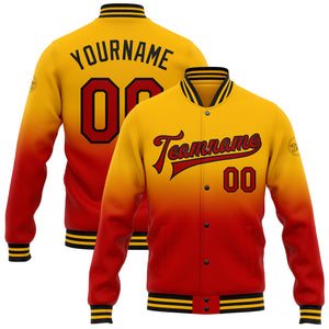 Custom Gold Red-Black Bomber Full-Snap Varsity Letterman Fade Fashion Jacket