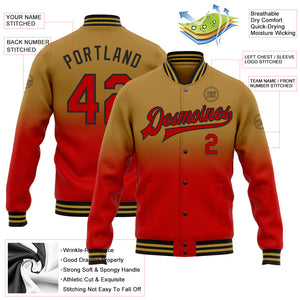 Custom Old Gold Red-Black Bomber Full-Snap Varsity Letterman Fade Fashion Jacket