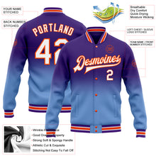 Load image into Gallery viewer, Custom Purple White Light Blue-Orange Bomber Full-Snap Varsity Letterman Fade Fashion Jacket
