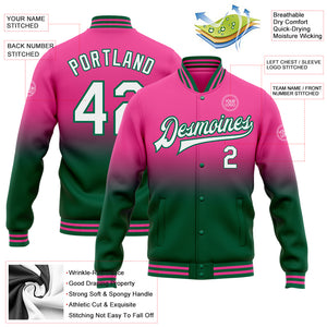 Custom Pink White-Kelly Green Bomber Full-Snap Varsity Letterman Fade Fashion Jacket