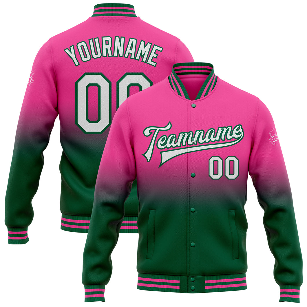 Custom Pink White-Kelly Green Bomber Full-Snap Varsity Letterman Fade Fashion Jacket