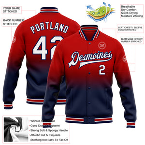 Custom Red White-Navy Bomber Full-Snap Varsity Letterman Fade Fashion Jacket