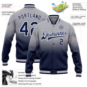 Custom Gray Navy-White Bomber Full-Snap Varsity Letterman Fade Fashion Jacket