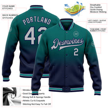 Load image into Gallery viewer, Custom Teal Gray-Navy Bomber Full-Snap Varsity Letterman Fade Fashion Jacket
