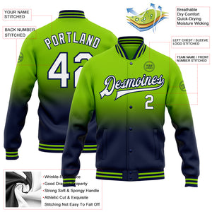 Custom Neon Green White-Navy Bomber Full-Snap Varsity Letterman Fade Fashion Jacket