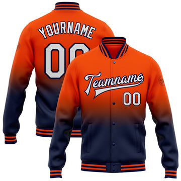 Custom Orange White-Navy Bomber Full-Snap Varsity Letterman Fade Fashion Jacket