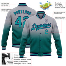 Load image into Gallery viewer, Custom Gray Teal-Navy Bomber Full-Snap Varsity Letterman Fade Fashion Jacket
