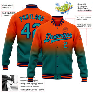 Custom Orange Teal-Navy Bomber Full-Snap Varsity Letterman Fade Fashion Jacket