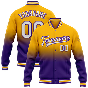 Custom Gold White-Purple Bomber Full-Snap Varsity Letterman Fade Fashion Jacket