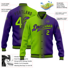 Load image into Gallery viewer, Custom Purple Neon Green-Black Bomber Full-Snap Varsity Letterman Gradient Fashion Jacket
