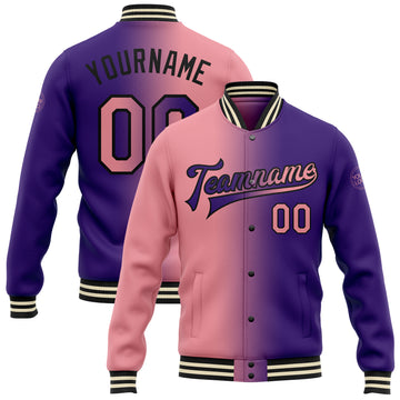 Custom Purple Medium Pink-Black Bomber Full-Snap Varsity Letterman Gradient Fashion Jacket