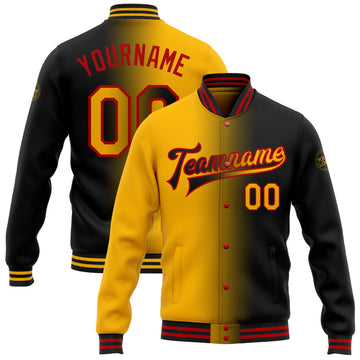 Custom Black Gold-Red Bomber Full-Snap Varsity Letterman Gradient Fashion Jacket