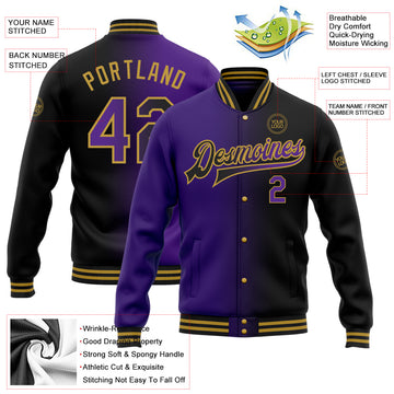 Custom Black Purple-Old Gold Bomber Full-Snap Varsity Letterman Gradient Fashion Jacket