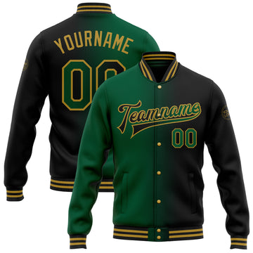 Custom Black Kelly Green-Old Gold Bomber Full-Snap Varsity Letterman Gradient Fashion Jacket