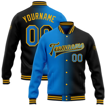 Custom Black Electric Blue-Gold Bomber Full-Snap Varsity Letterman Gradient Fashion Jacket