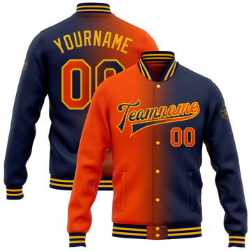 Custom Navy Orange-Gold Bomber Full-Snap Varsity Letterman Gradient Fashion Jacket