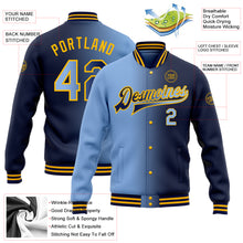 Load image into Gallery viewer, Custom Navy Light Blue-Gold Bomber Full-Snap Varsity Letterman Gradient Fashion Jacket
