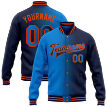 Load image into Gallery viewer, Custom Navy Electric Blue-Orange Bomber Full-Snap Varsity Letterman Gradient Fashion Jacket
