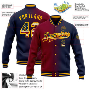 Custom Navy Vintage USA Flag Maroon-Gold Bomber Full-Snap Varsity Letterman Gradient Fashion Jacket