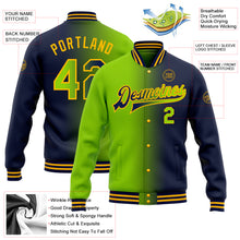 Load image into Gallery viewer, Custom Navy Neon Green-Gold Bomber Full-Snap Varsity Letterman Gradient Fashion Jacket
