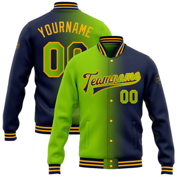 Custom Navy Neon Green-Gold Bomber Full-Snap Varsity Letterman Gradient Fashion Jacket