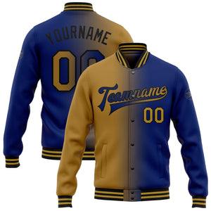 Custom Royal Old Gold-Black Bomber Full-Snap Varsity Letterman Gradient Fashion Jacket