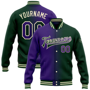 Custom Green Purple-Cream Bomber Full-Snap Varsity Letterman Gradient Fashion Jacket