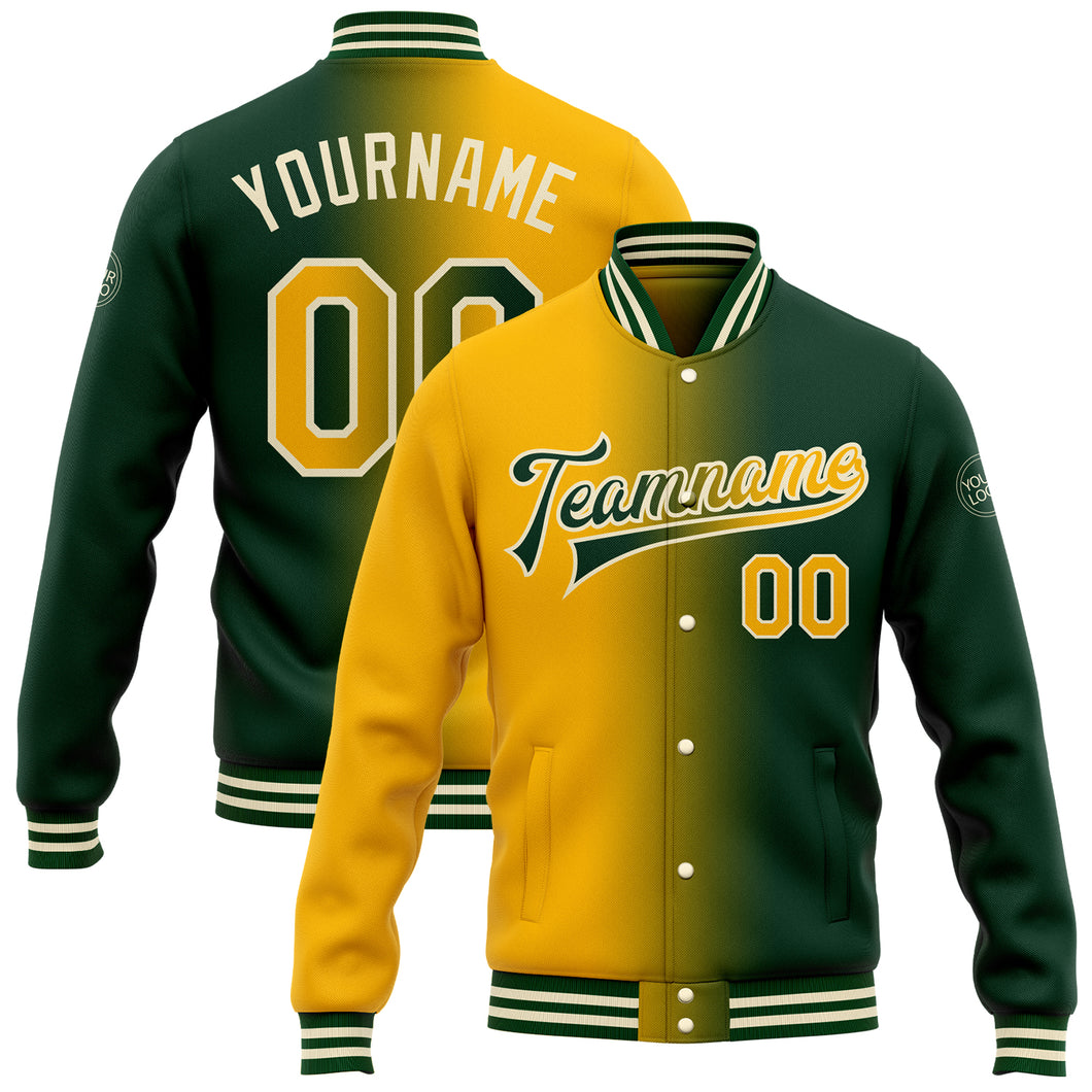 Custom Green Gold-Cream Bomber Full-Snap Varsity Letterman Gradient Fashion Jacket