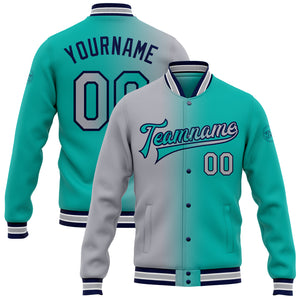 Custom Aqua Gray-Navy Bomber Full-Snap Varsity Letterman Gradient Fashion Jacket